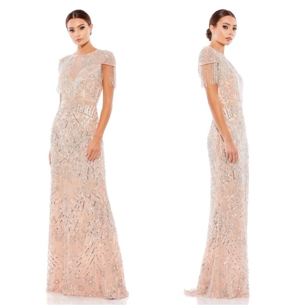 Mac Duggal Military Style Embellished Fringe Cap Sleeve Sheath Gown 4715